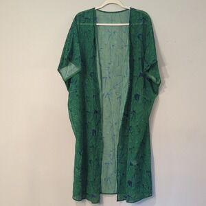 Green Tropical Print Kimono Cover-Up